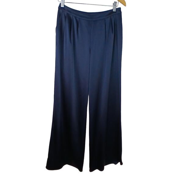 St. John Women's SZ 4 Navy Blue Satin Wide Leg Pants Pleats Pockets Gorgeous - Picture 2 of 8